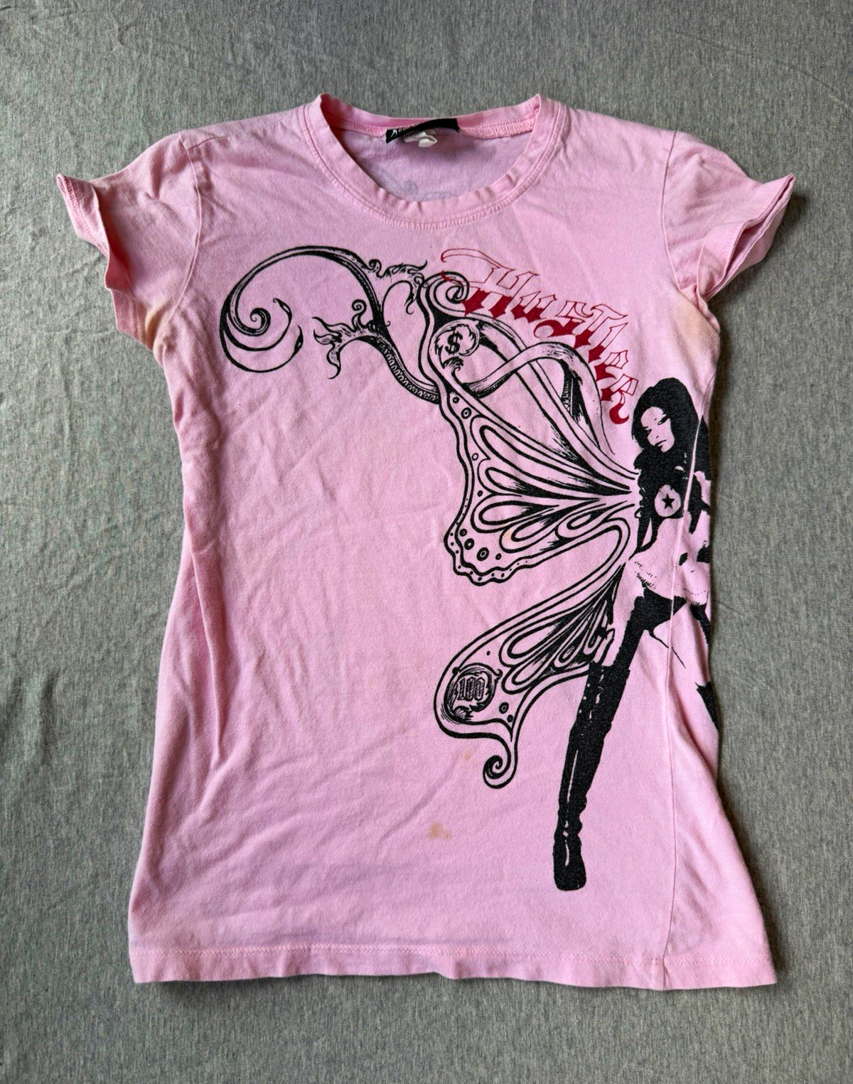 Vintage Y2K era Hustler Women’s M Pink Fairy Graphic Baby Tee Crew Neck Cotton