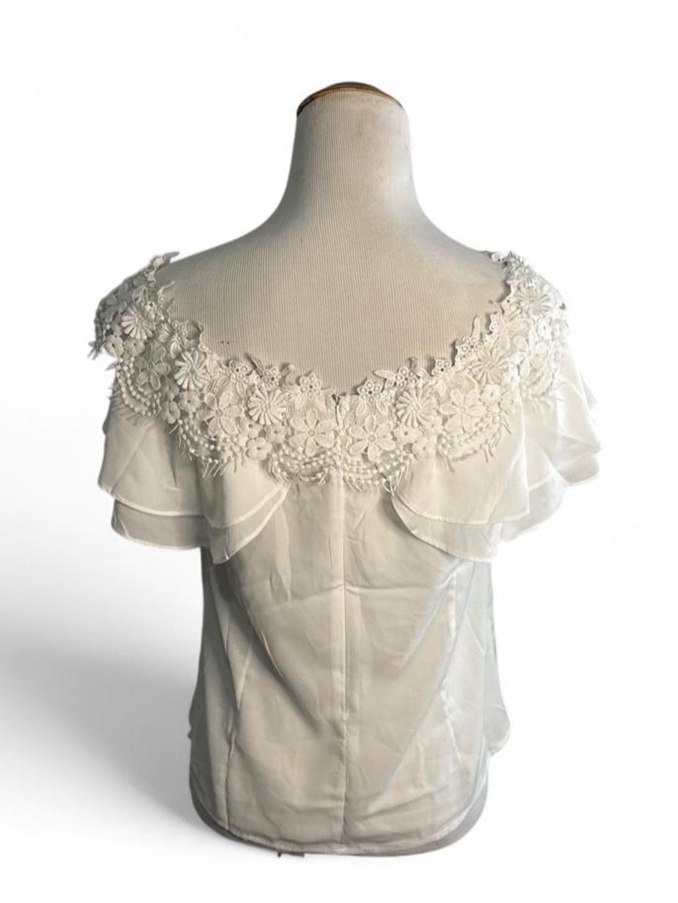 YQF White Off-Shoulder Sheer Lace Flutter Sleeve Bow Ruffle Blouse, Women’s L