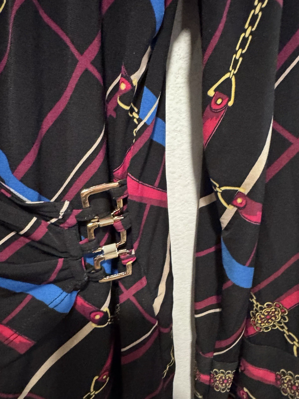 Rafaella Wrap Top Black Pink Blue Tan Buckles Equestrian Old Money Classy Sz L