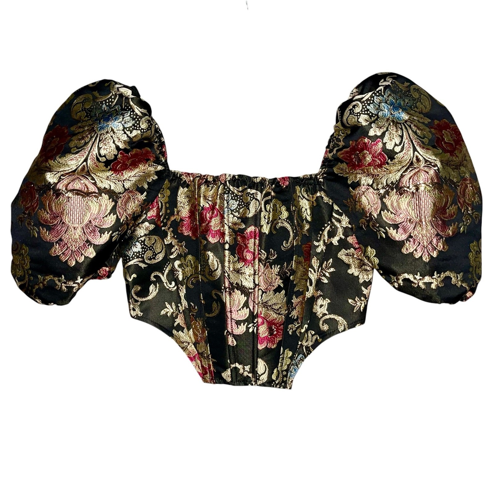 Puff Sleeve Corsett Brocade 6 Black Boned Metallic Sexy Zip Back Bustier Shein