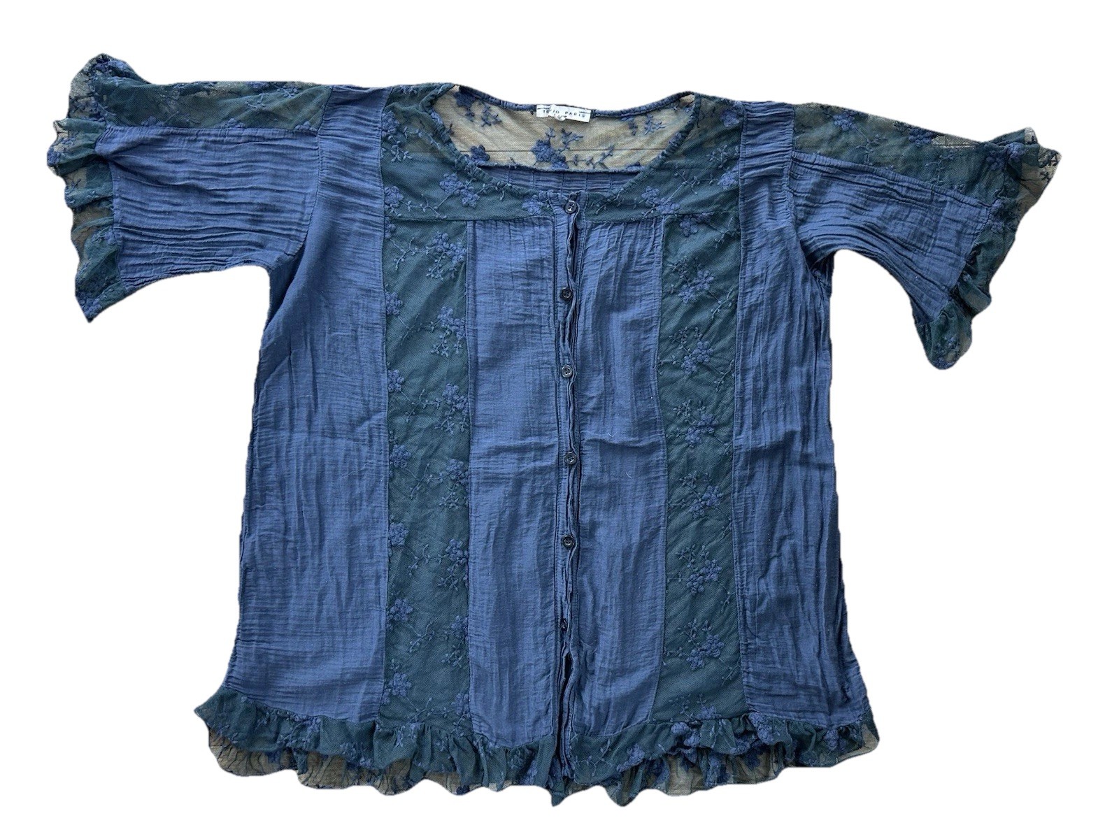 Tempo Paris Womens Silk Blend Navy Top M Romantic Embroidered Ethereal Fairy