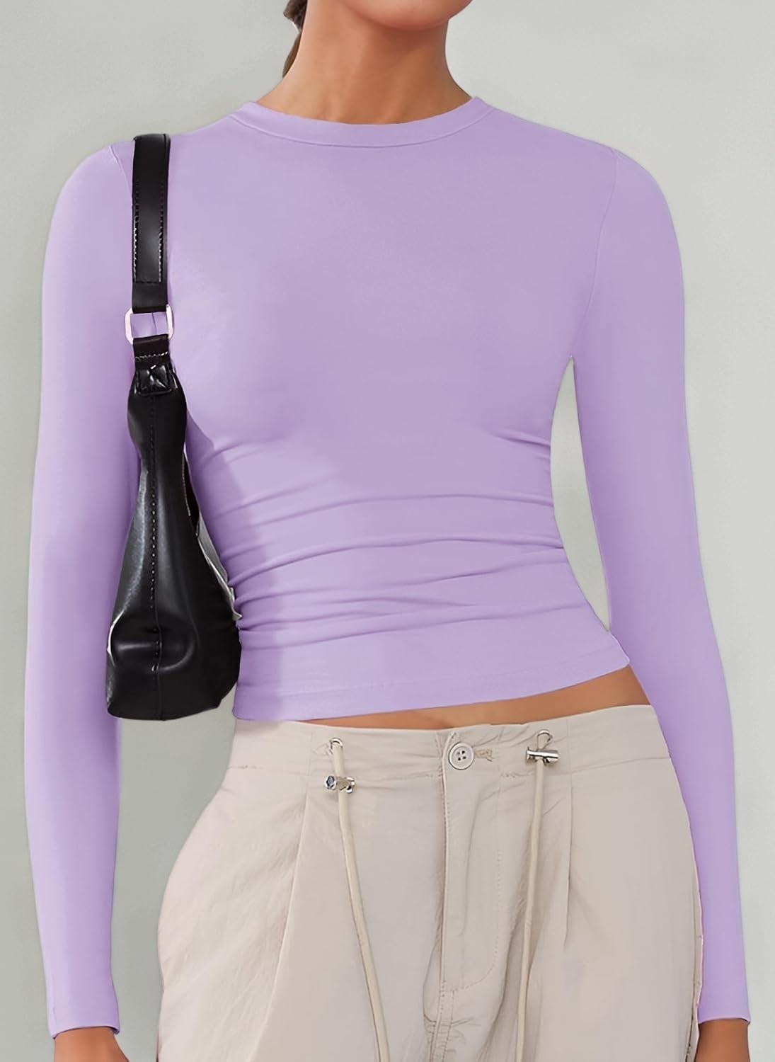 Slim Fit Long Sleeve Top T Shirt Women Basic Soft Stretchy Plain Tee, XXL Purple