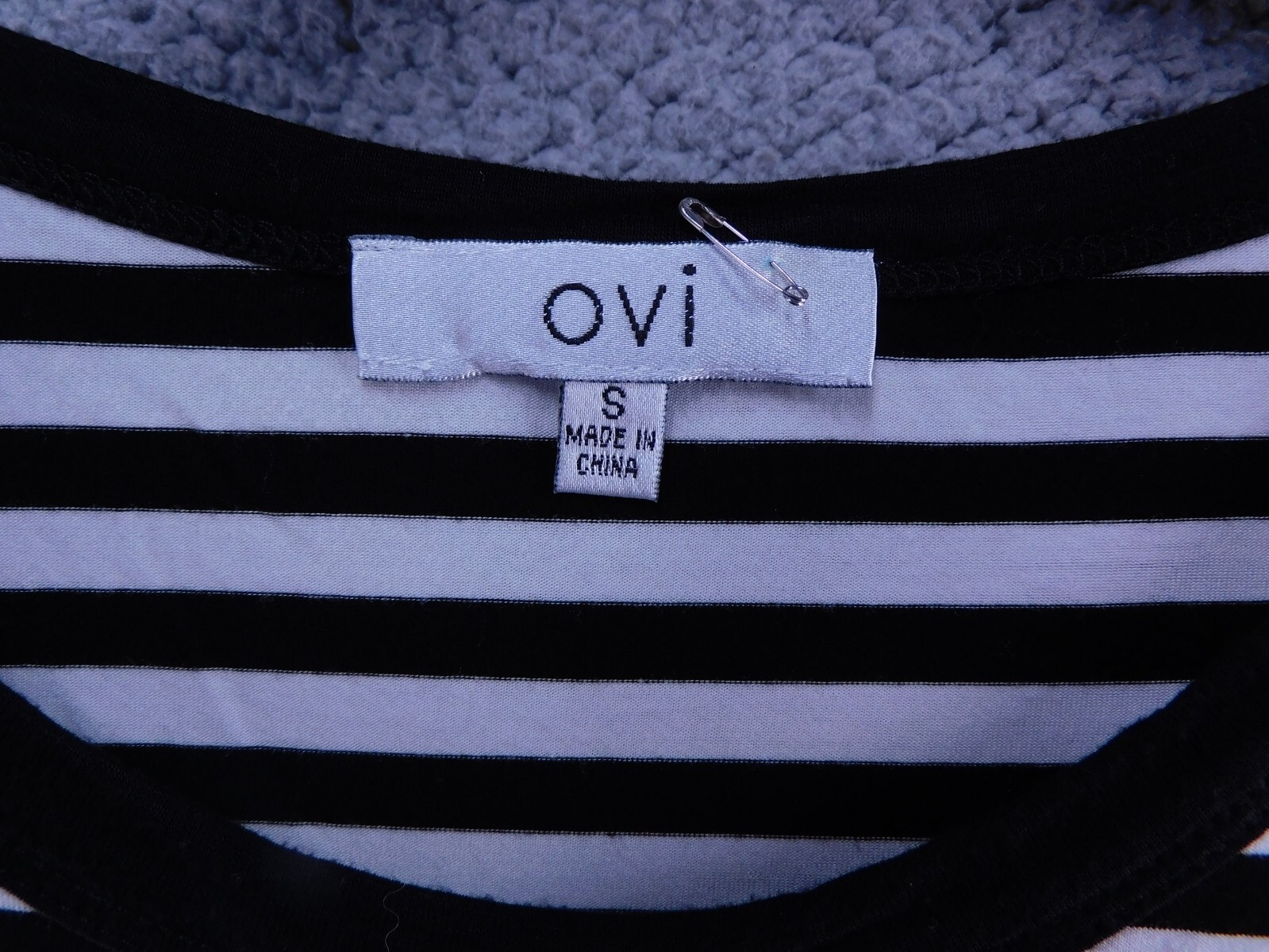 Ovi Womens Long Sleeve Striped Top Faux Leather Elbow Patches Round Neck Size S
