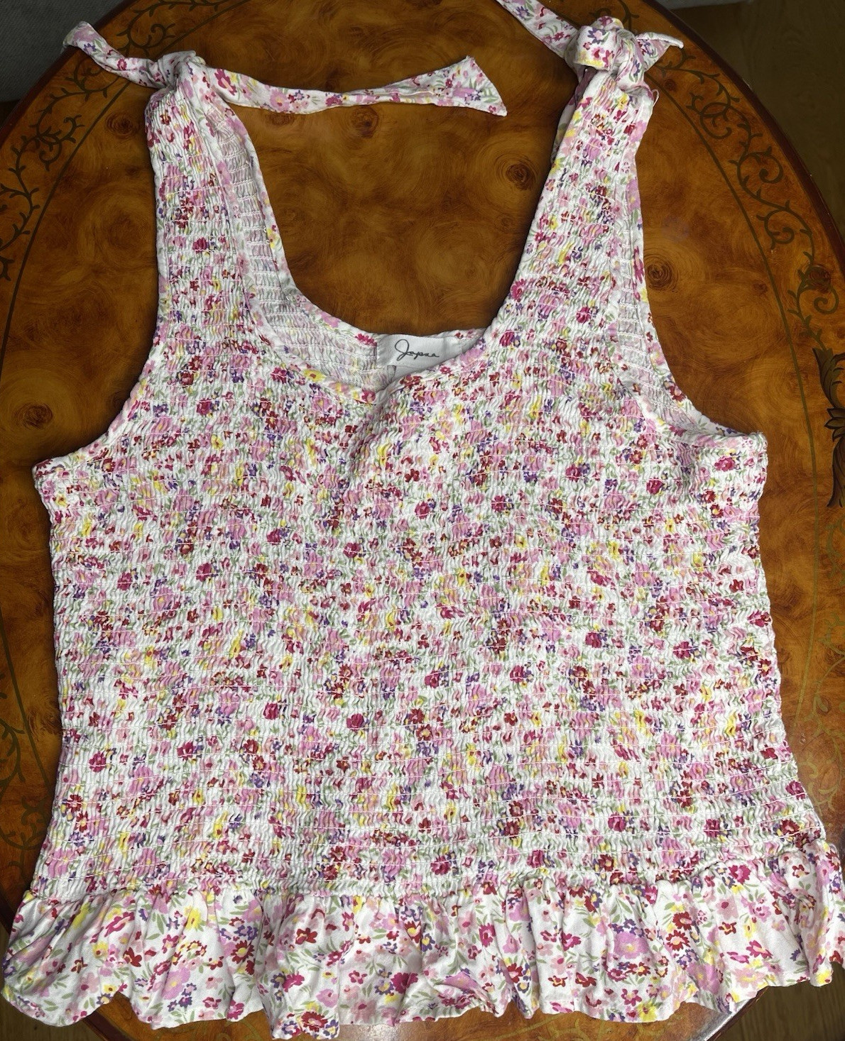 Jopar Women’s Pink White Yellow Floral Ruffle Tie Strap Knit Cropped Tank Top L