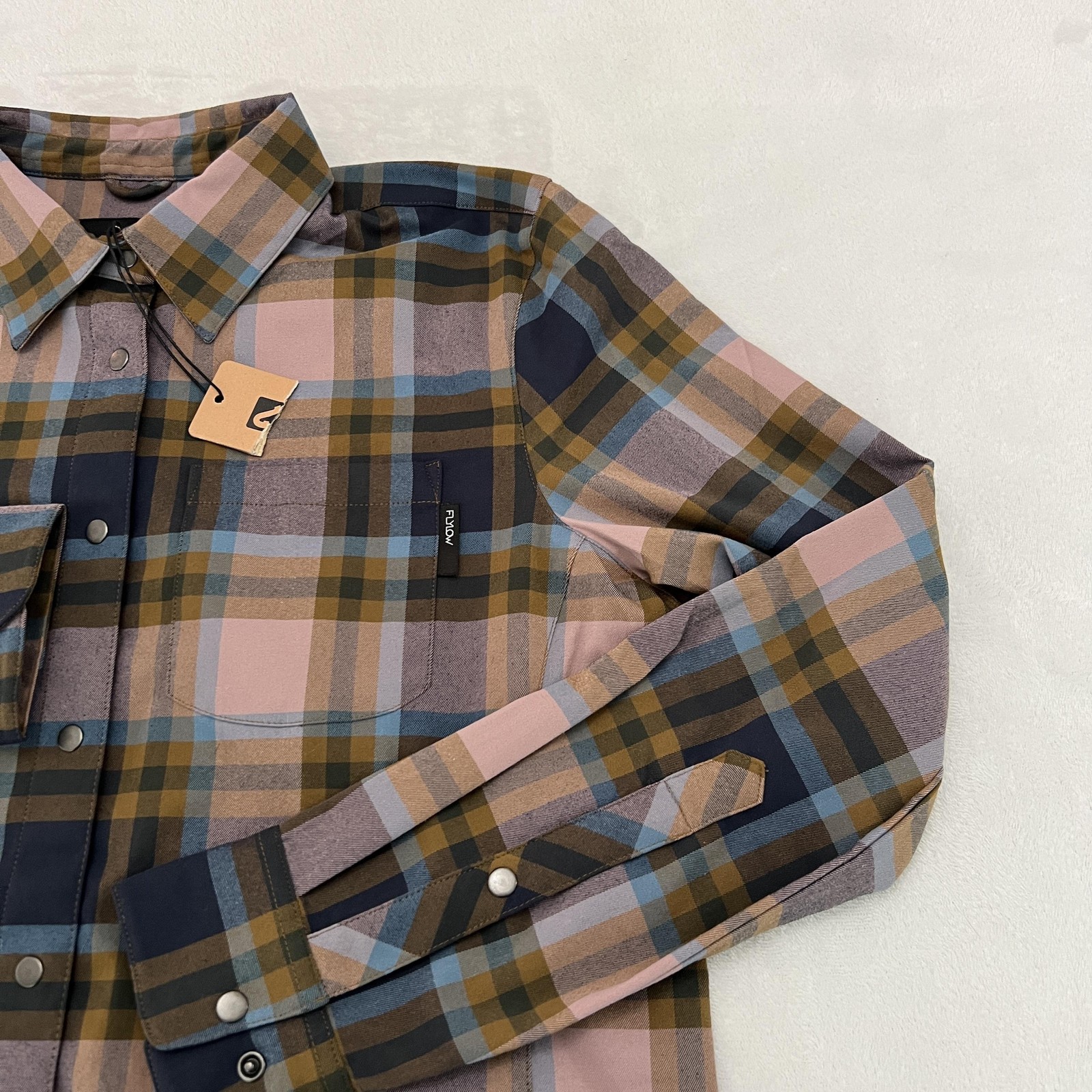 Flylow Brigitte Tech Flannel Shirt Womens Large RyePlaid Snap Button Up