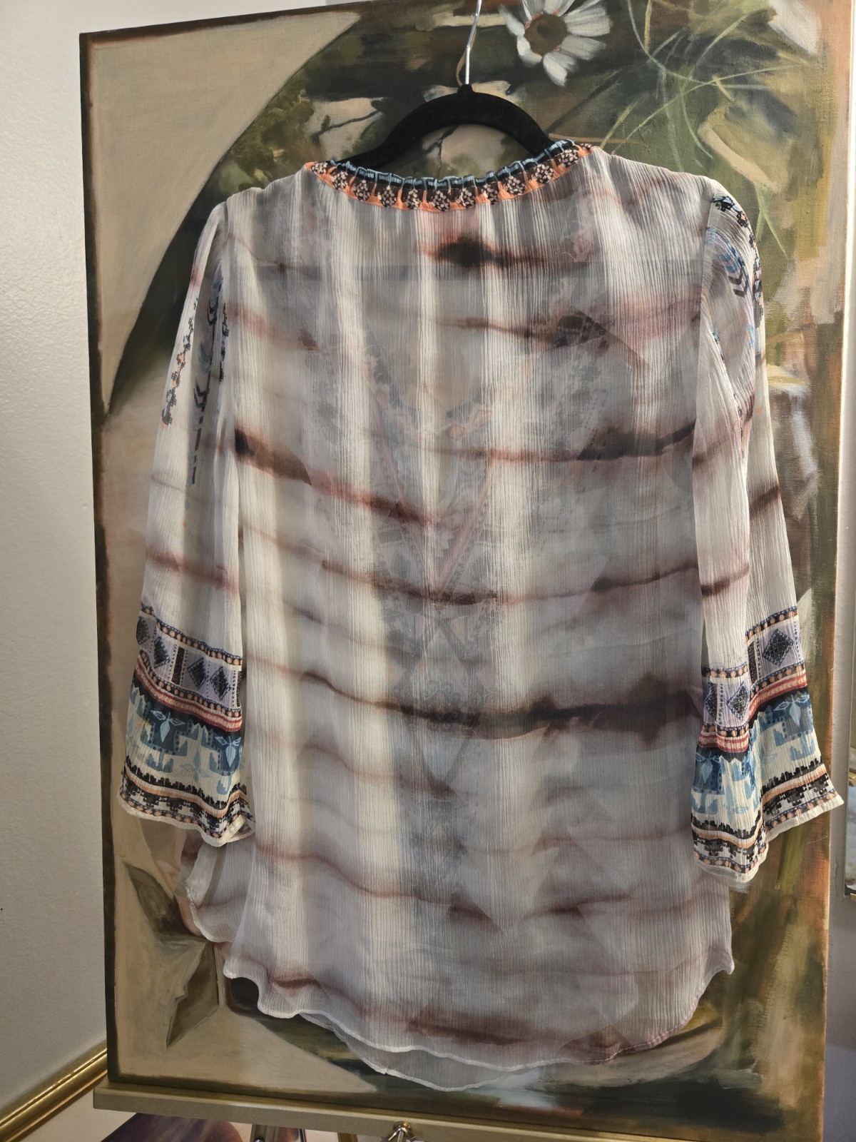 Hale Bob Women’s Wearable Art Silk Crinkle Chiffon Beaded Detail Blouse Size M