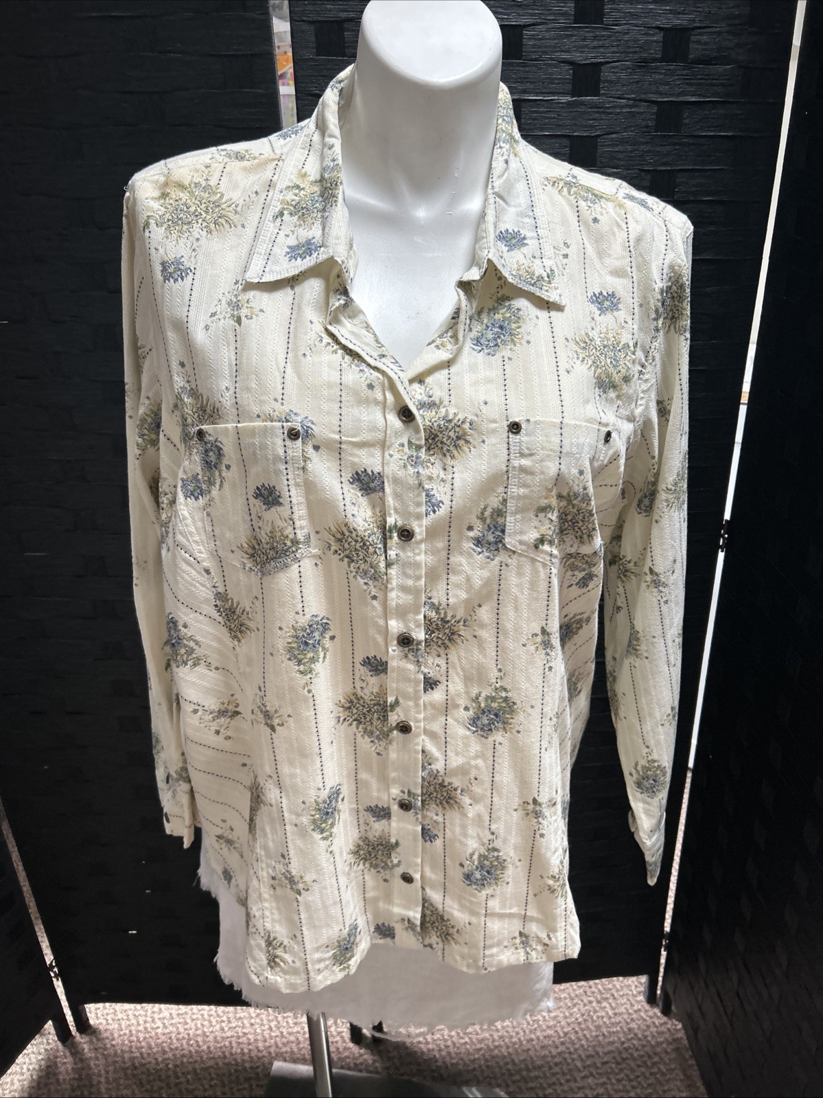 NEW Vintage 26/28 Fashion Bug 2in1 Ivory Floral 100% Cotton Button Up Blouse