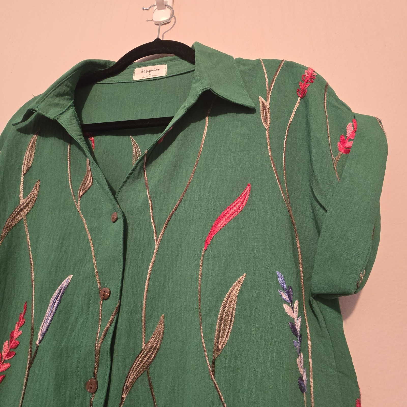 Sapphire Womens Floral Embroidered Button Up Blouse MED Green Boho Cottage Artsy