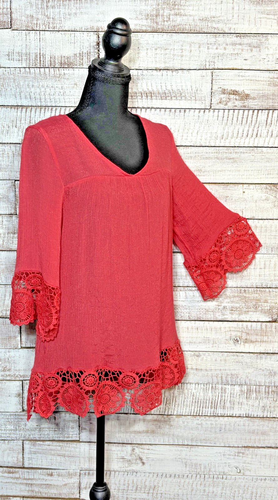 FYVE Boho Coral Pink Crochet Lace Trim Tunic Blouse Peasant Bell Sleeve Top S