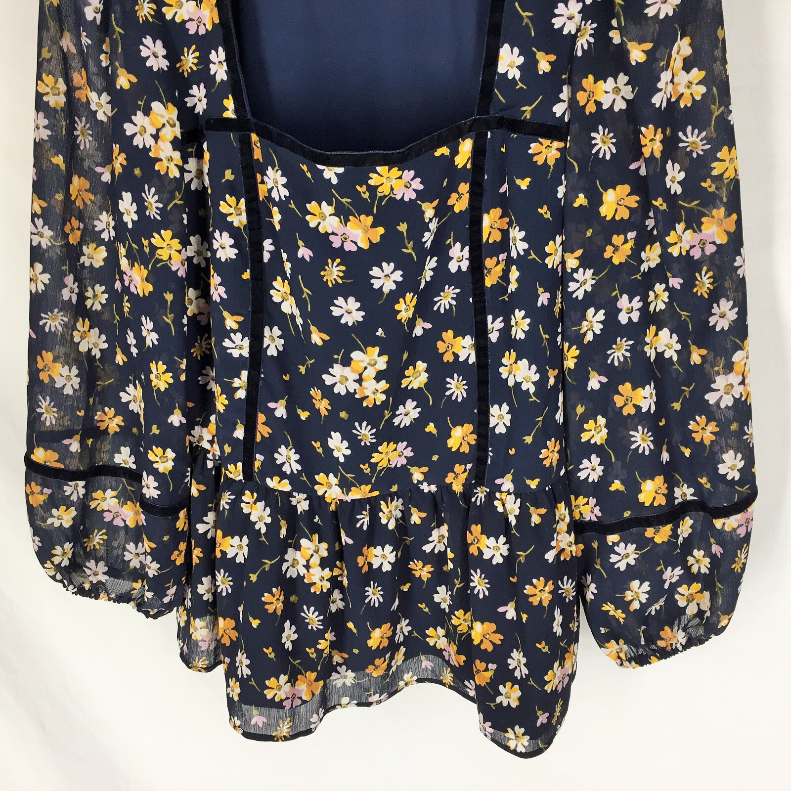 Madewell Velvet-Trimmed Square-Neck Top in Petal Party Size XS Navy Blue
