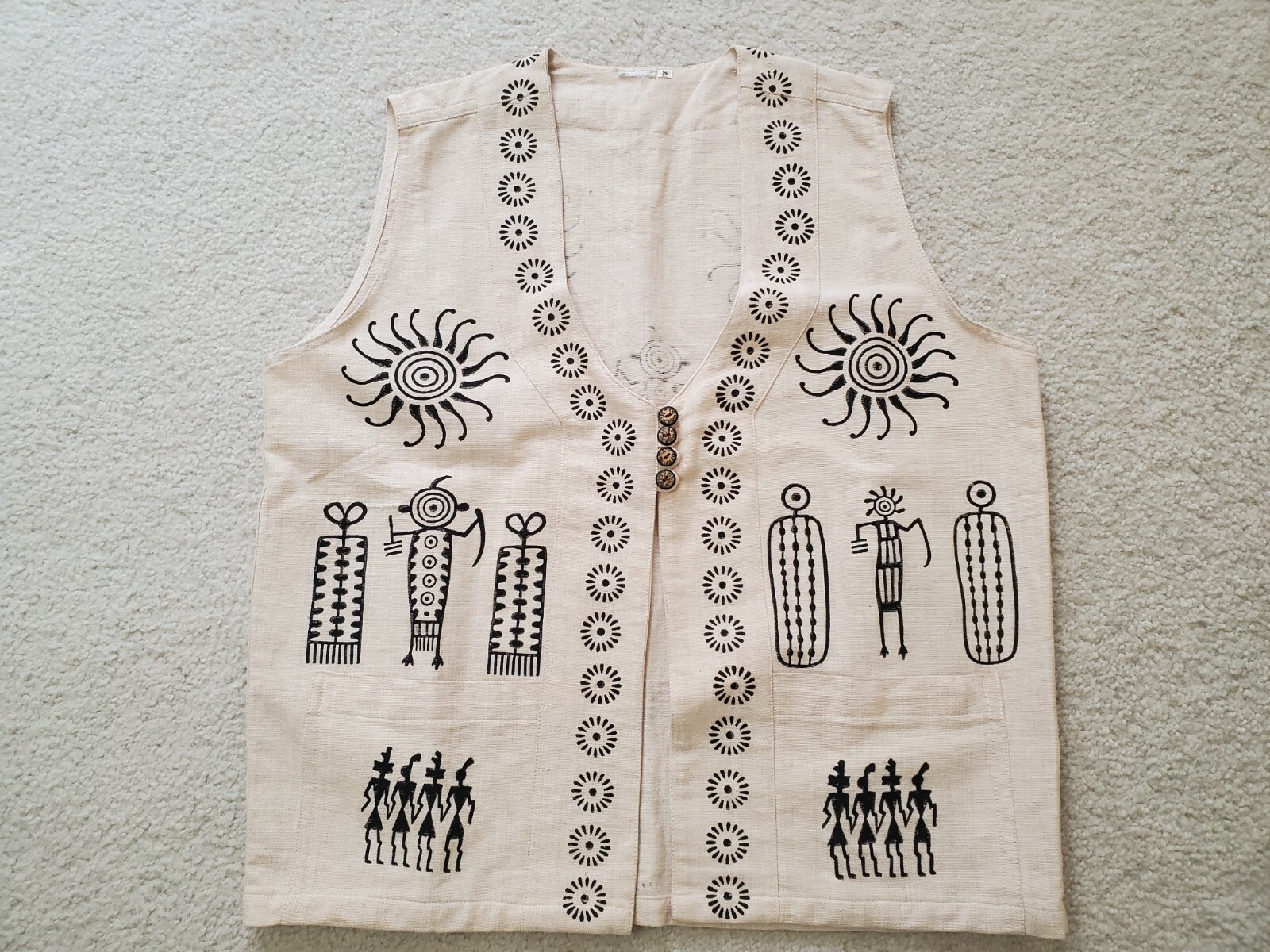VTG Venus Imports Ivory Raw Cotton Black Primitive Print, Nepal Vest Sz.S
