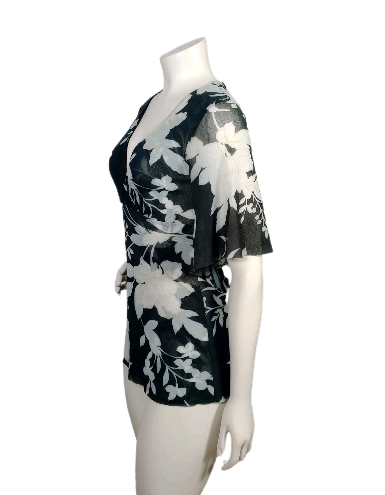WHBM Top S NWOT Black White Floral Sheer Nylon Mesh Faux Wrap Blouse Vintage Y2K