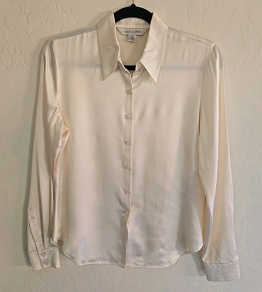 CASUAL CORNER 100% Silk Ivory Beige Long Sleeve Button Up Capsule Wardrove Sz 6