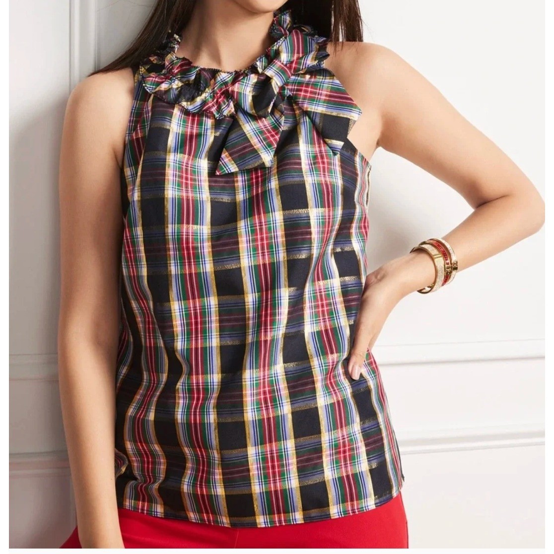 Talbots Bow Ruffle Neck Shell Celebrate Plaid MP M Petite Holiday Metallic NWOT