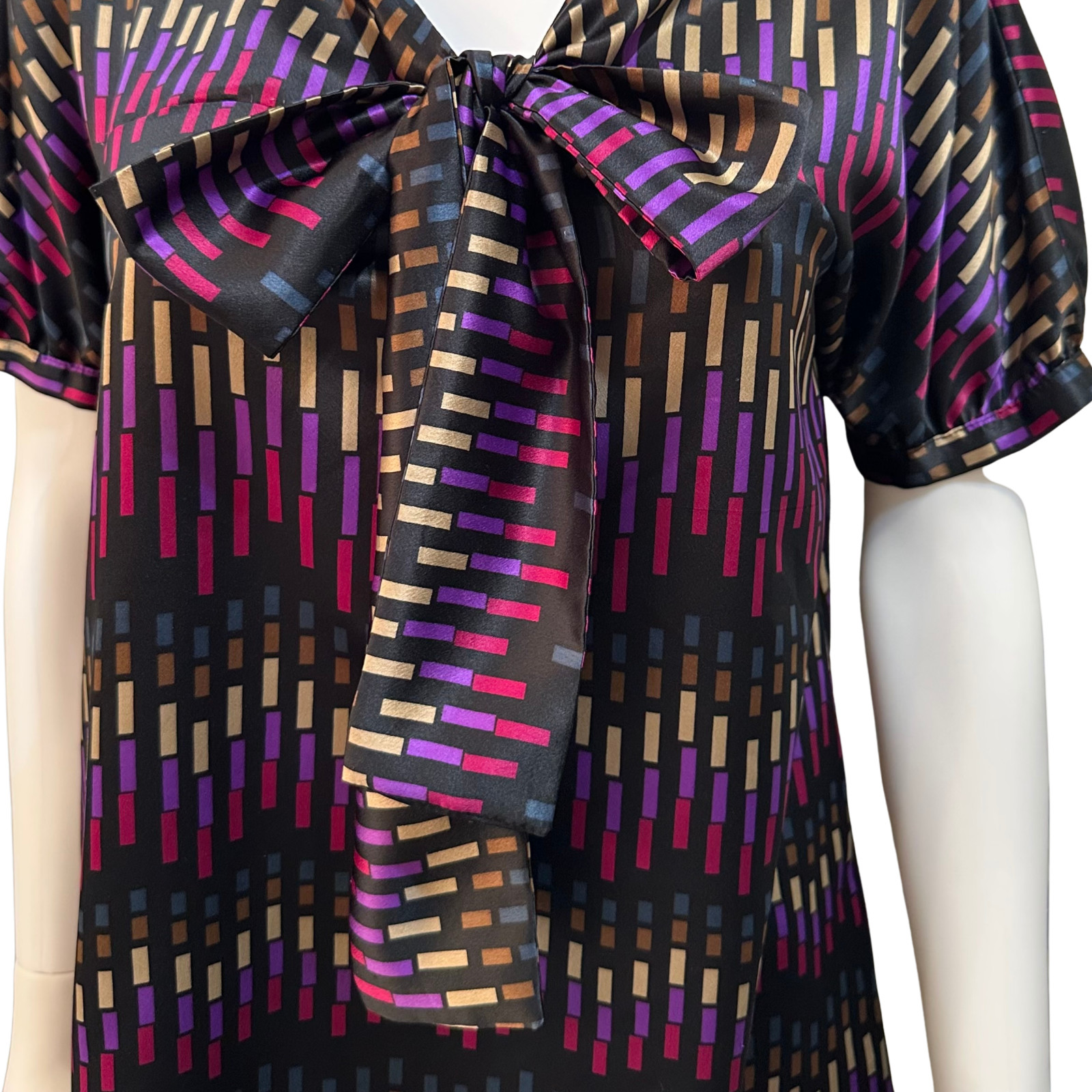 Worthington M Multicolor Geometric Vertical Print Blouse with Self-Tie Bow