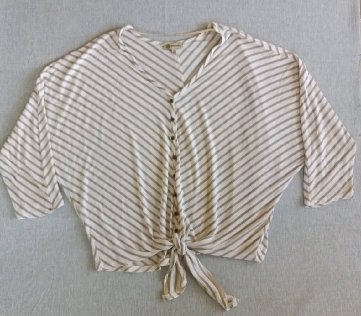 Democracy Womens Large Stretch Blended Fabric Knot Waist Buttons Striped Blouse