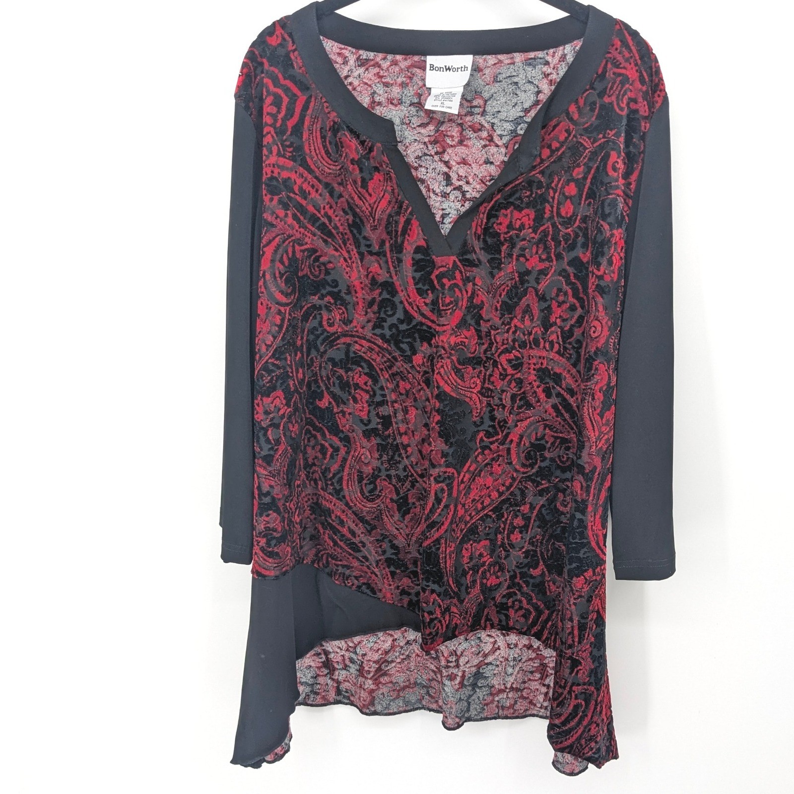 Bonworth Velvet Burnout Top Women XL Red Black Tunic Blouse Asymmetrical Holiday