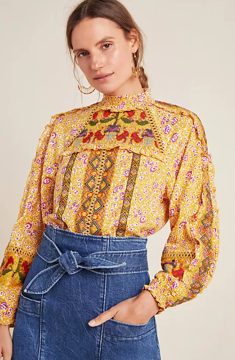 Maeve Goldie Embroidered Blouse Size 6 Gold Yellow Floral Ruffled Anthropologie