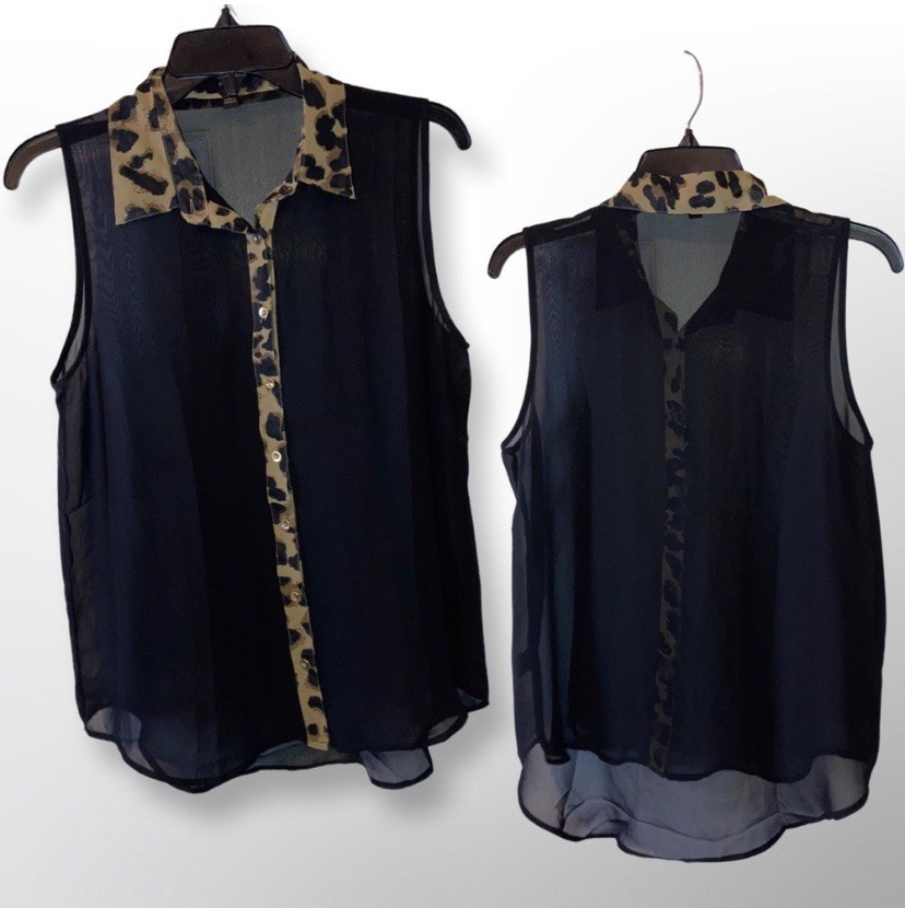 Edge Sheer Chiffon Collared Button-Up Blouse, M, Black/Beige Leopard Trim