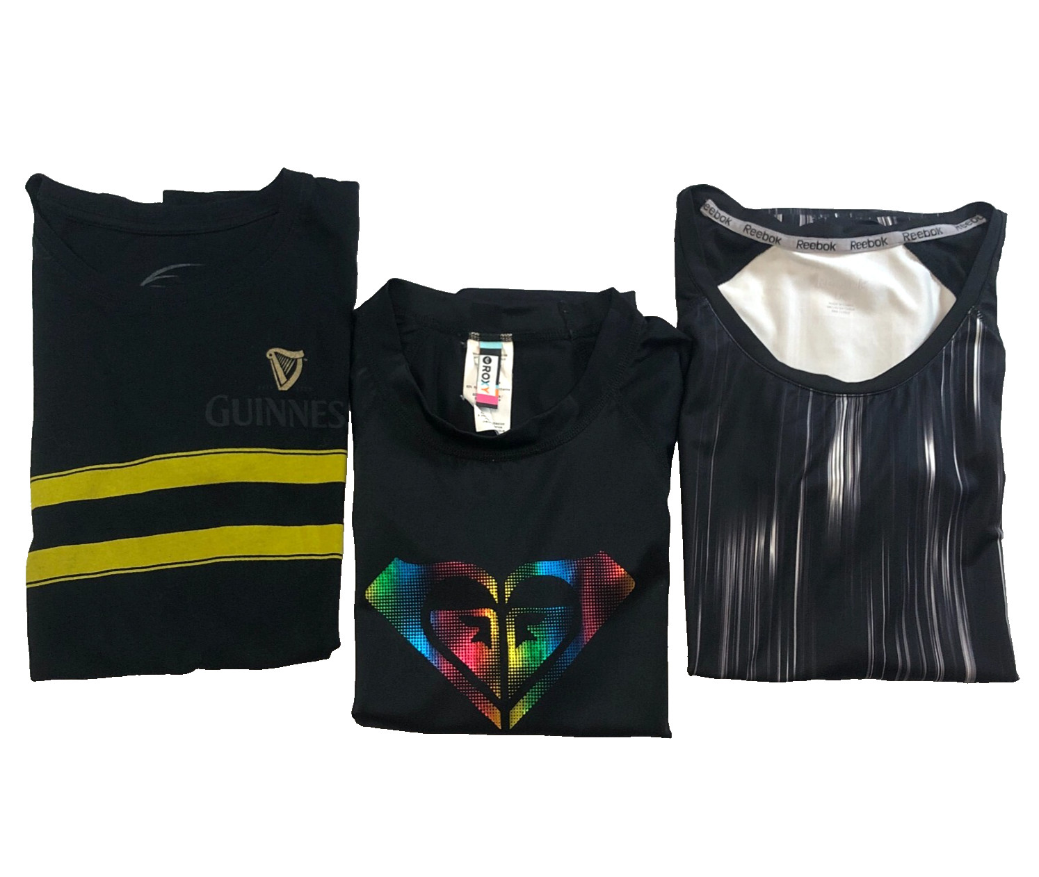 Lot of 3 Roxy, Guinness & Reebok Womens Tops Sz L Black Short Sleeve