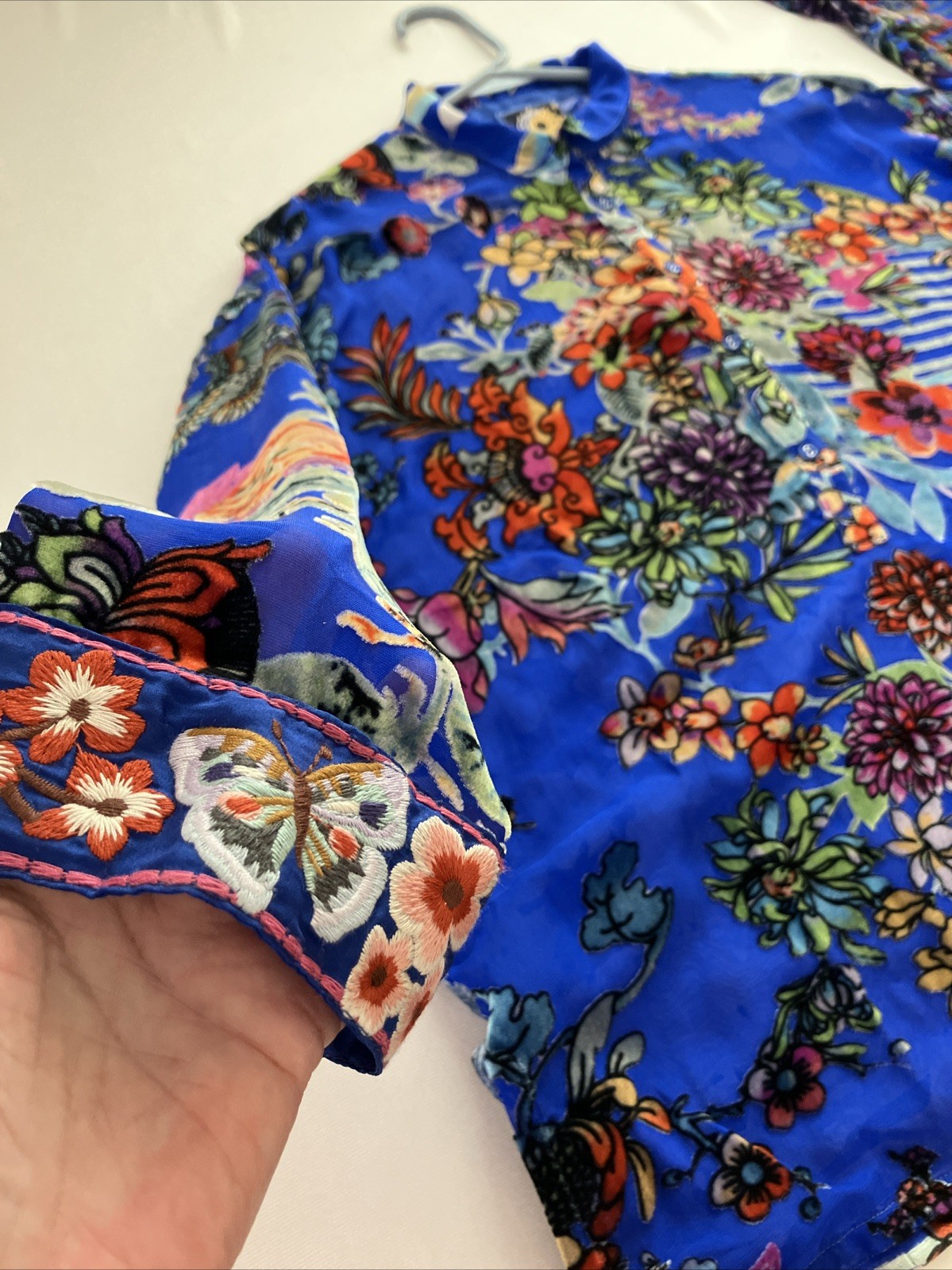 Johnny Was Seline Burnout Velvet Blouse Blue Floral Silk Blend Womens XS NWT