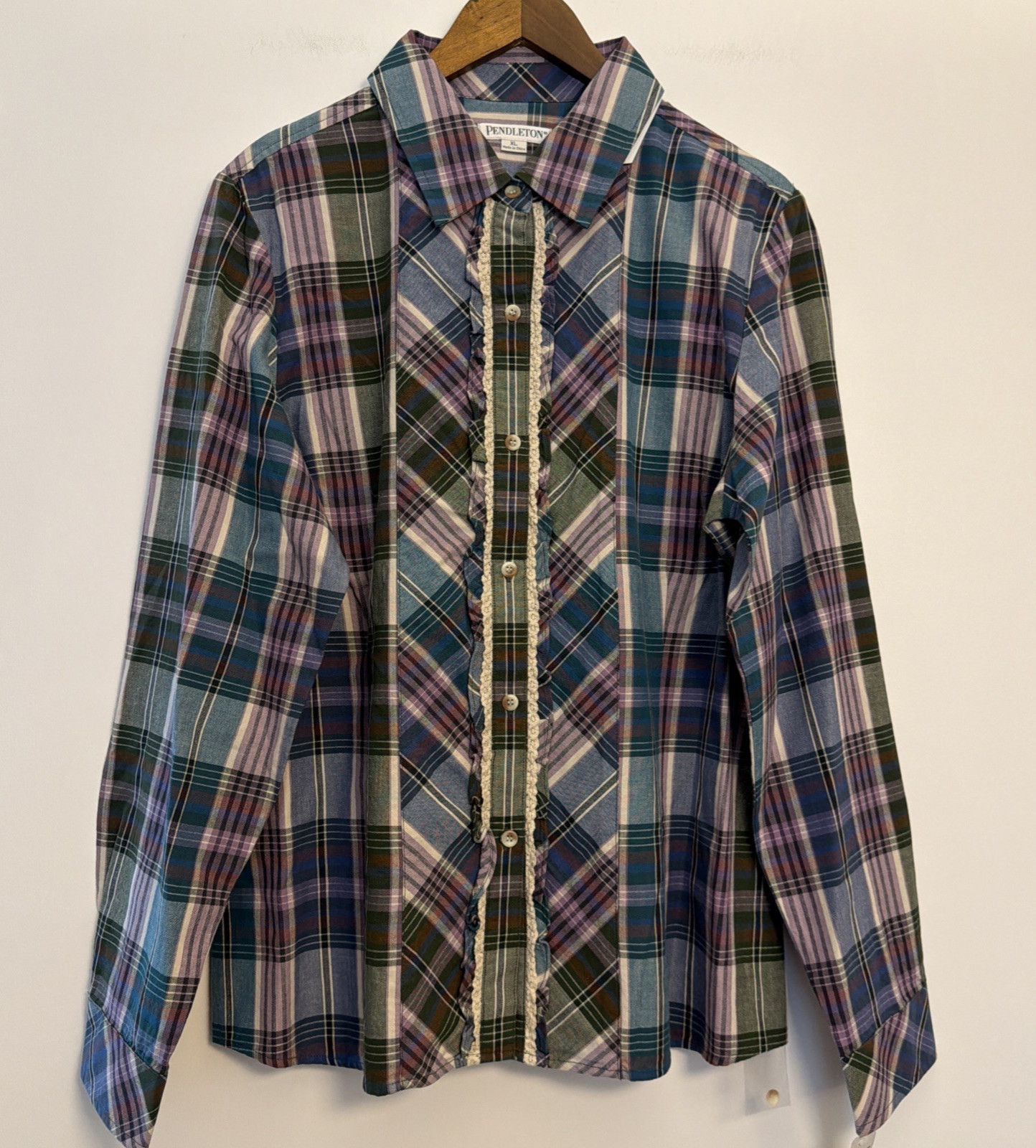 Pendleton Plaid Button Up Shirt Blouse Womens XL Ruffle Detail NWT Blue Green