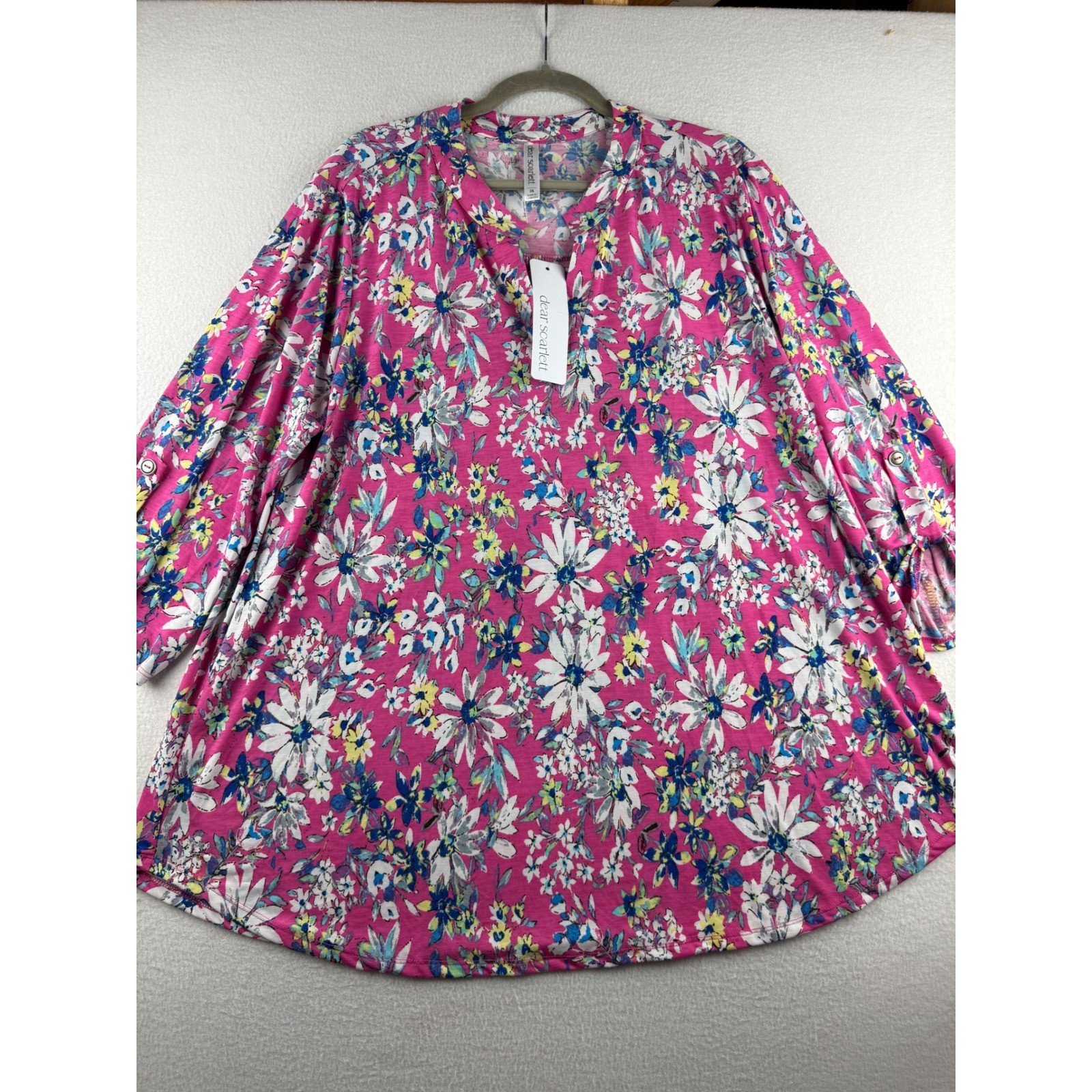 Dear Scarlett Pink Floral Daisy Roll-Tab Sleeve Tunic Top LIZ-C0155P Womens 2X