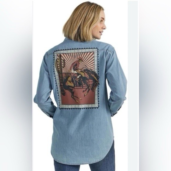 Wrangler Retro Women’s Western Denim Pearl Snap Shirt – XL EUC
