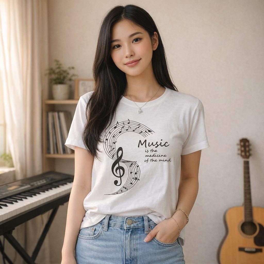Music Shirt Womens S White Treble Clef Quote Music is the Medicine of Mind Tee
