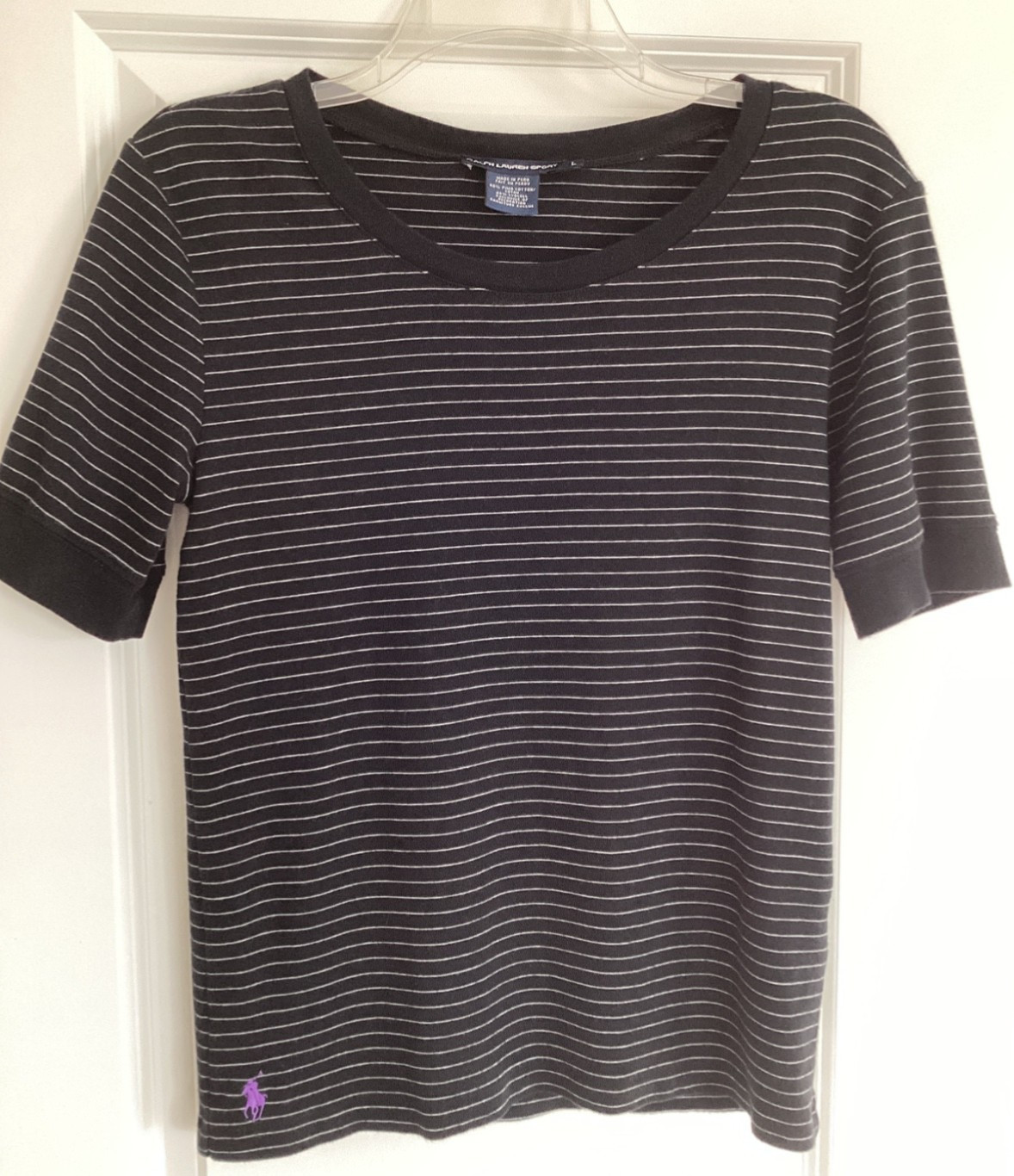Ralph Lauren Sport Women’s Sz L Shirt Black & White Pony Logo Short Sleeve Top
