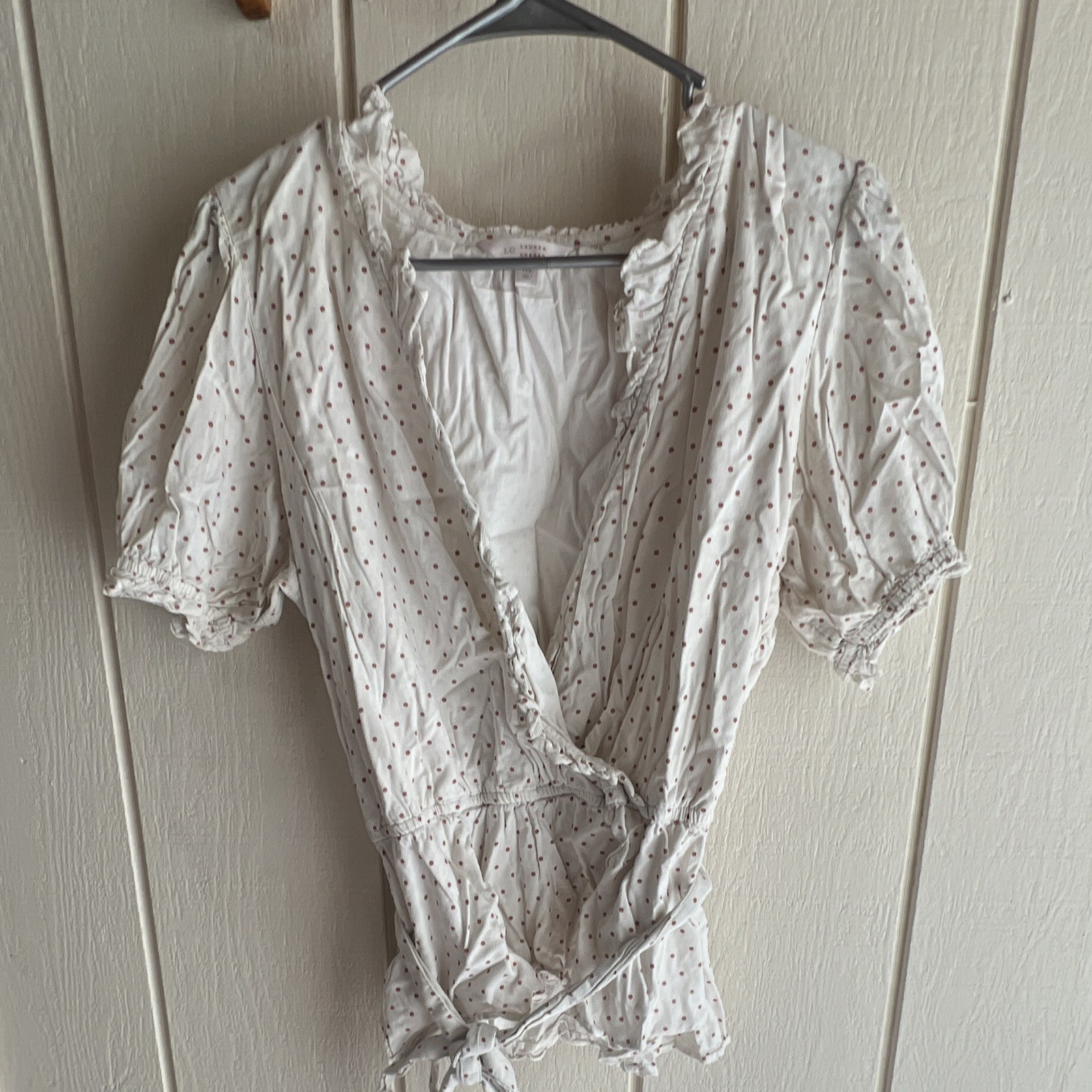 LC Lauren Conrad Women’s XL White Brown Polka Dot Wrap V Neck Ruffle Tie Blouse
