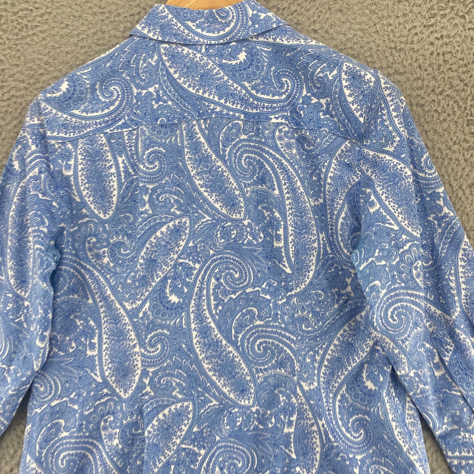 Talbots Shirt Womens 8 Petite Blue Paisley Wrinkle Resistant Cotton 3/4 Sleeves