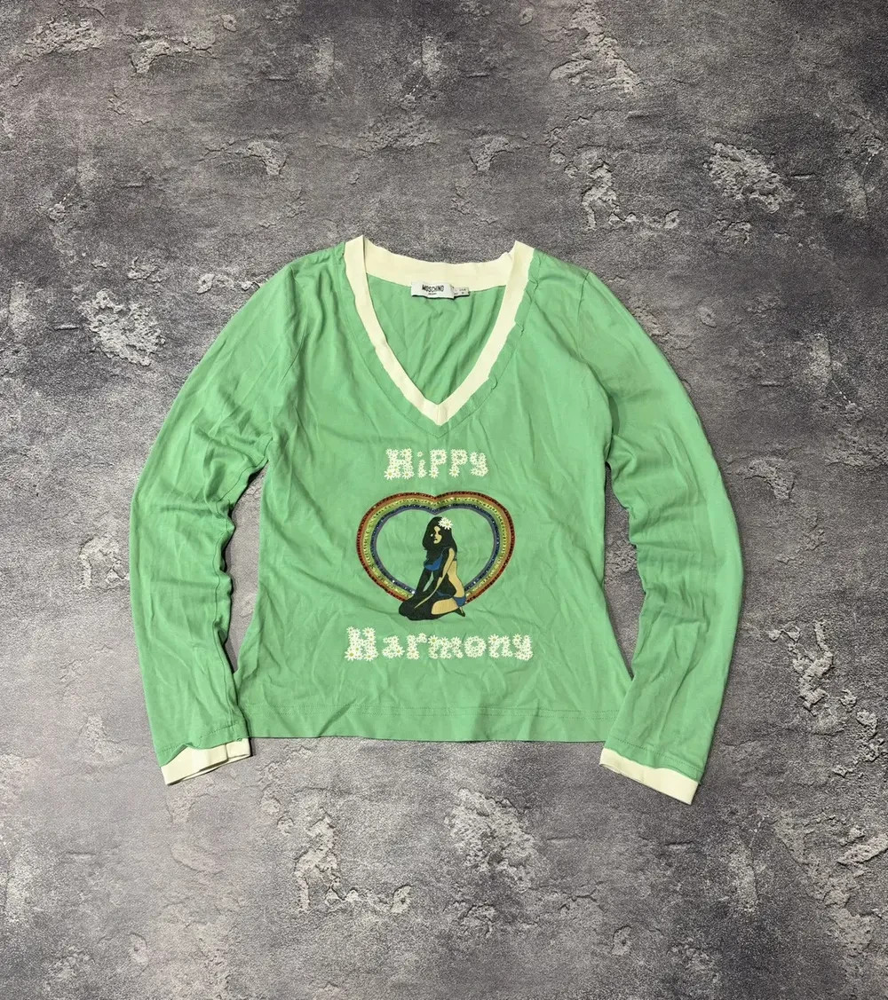 Vintage Moschino Jeans Y2K Hippy Harmony Rhinestones Logo Long Sleeve Top Sz I42