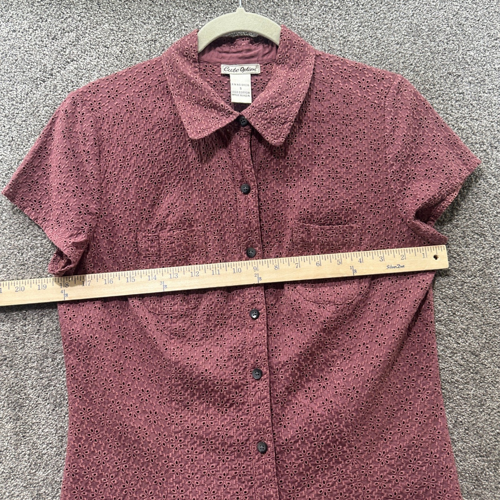 Y2k Cute Options Eyelet Short Sleeve Button Up Top Women Small Mauve Pink Cotton