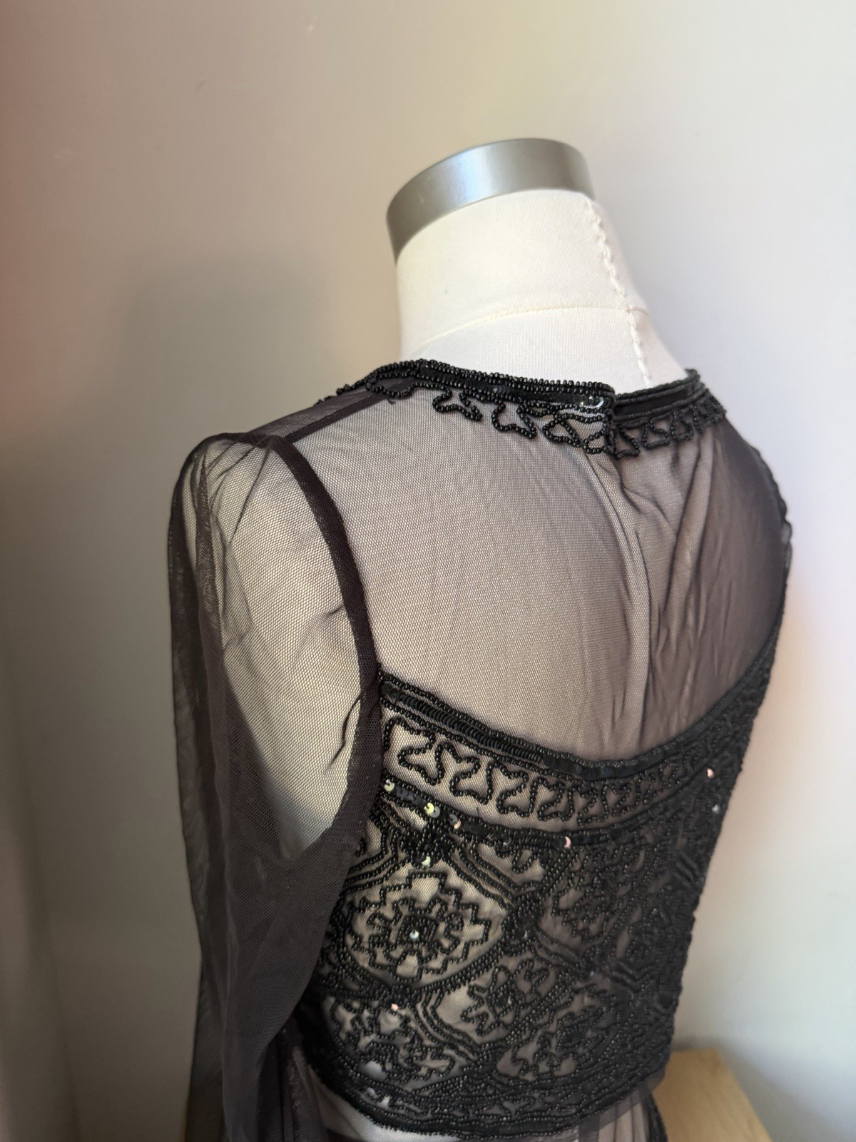 Vintage Y2K Goth Black Ornate Beaded Sequin Mesh Sheer Top Large