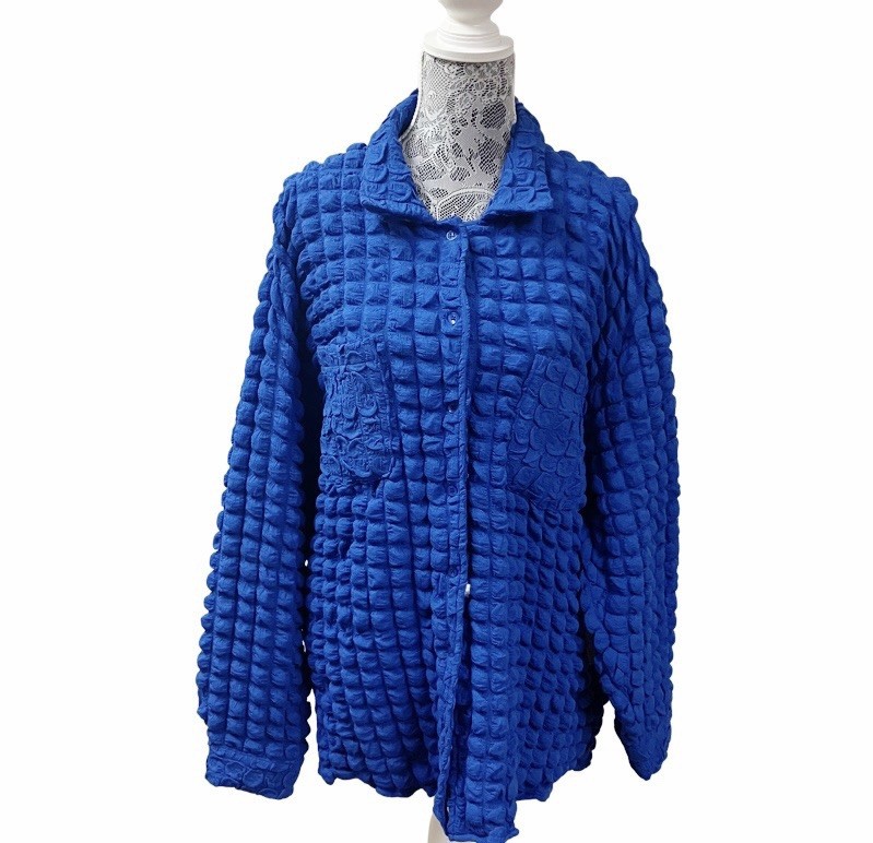 Coastal Modern Artsy BAILEY ROSE Bubble Knit Shirt LARGE Electric Blue Stretchy