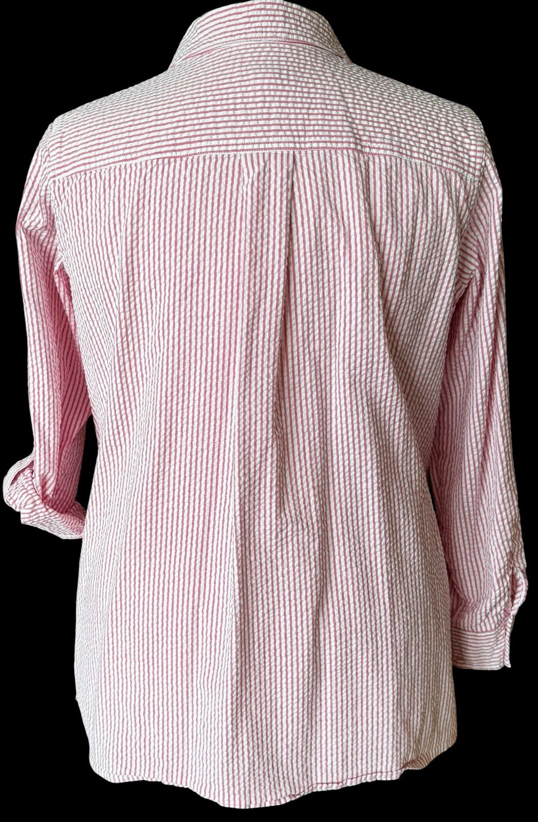 Denim Co Seersucker Button Front Big Shirt Pink White Roll Tab Long Sleeves 1X