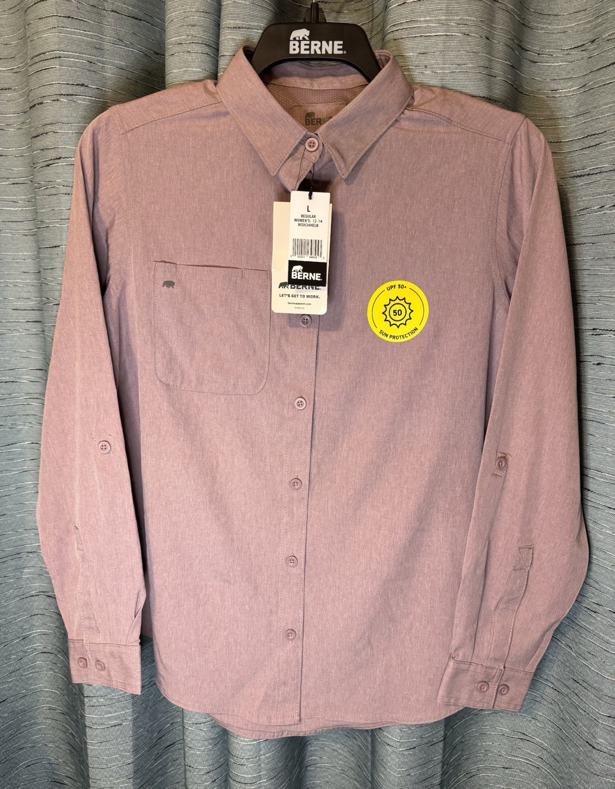 Berne Women- Lg – UV 30+ Shirt – Flex 180 Button Down Collared L/S – Elderberry