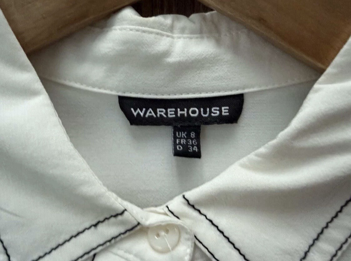 Warehouse White Long Sleeve Collared Button-Up Viscose Blouse Size 8