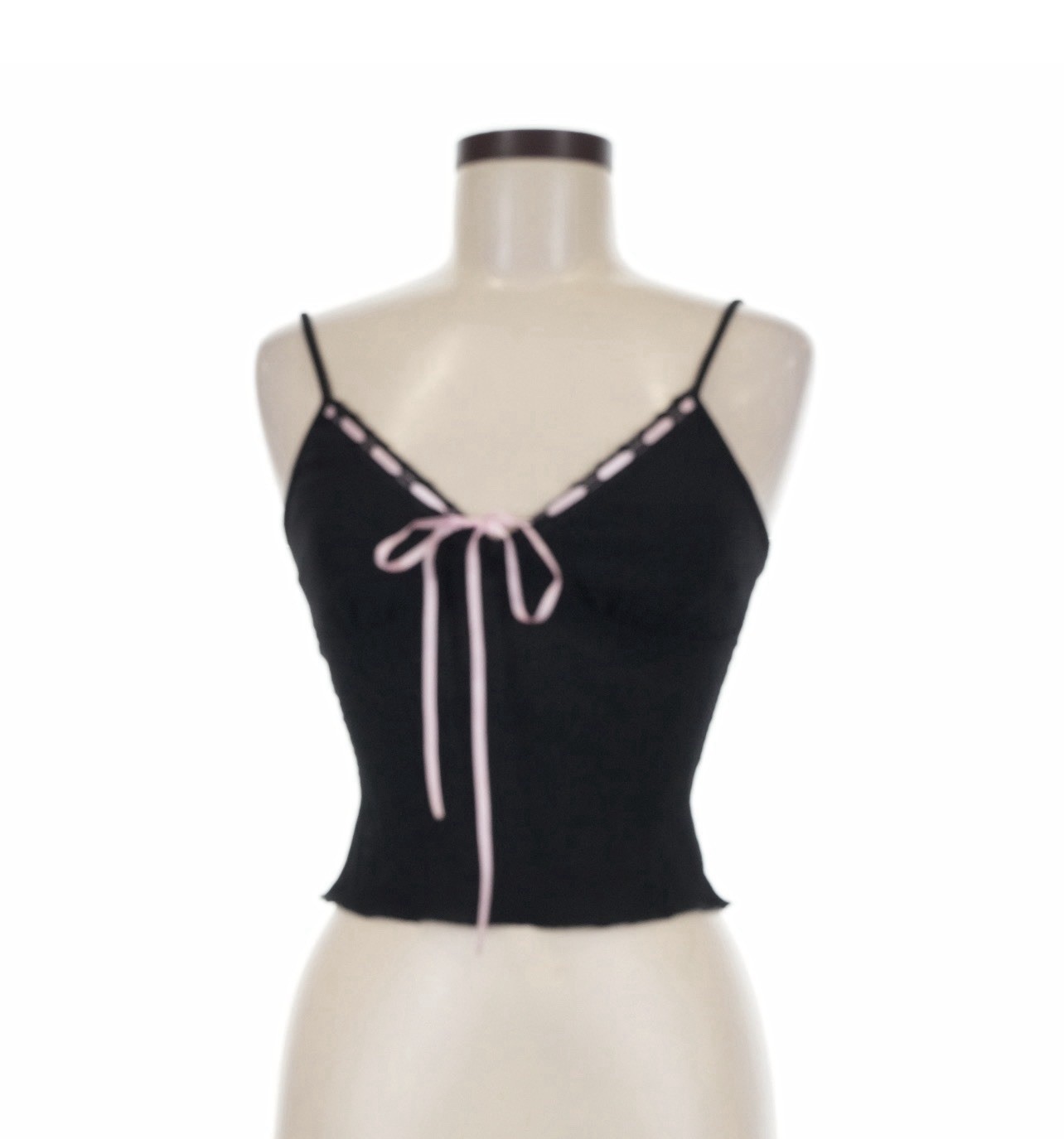 Y2K Black Fitted Camisole Pink Ribbon Trim Size Small Adjustable Straps