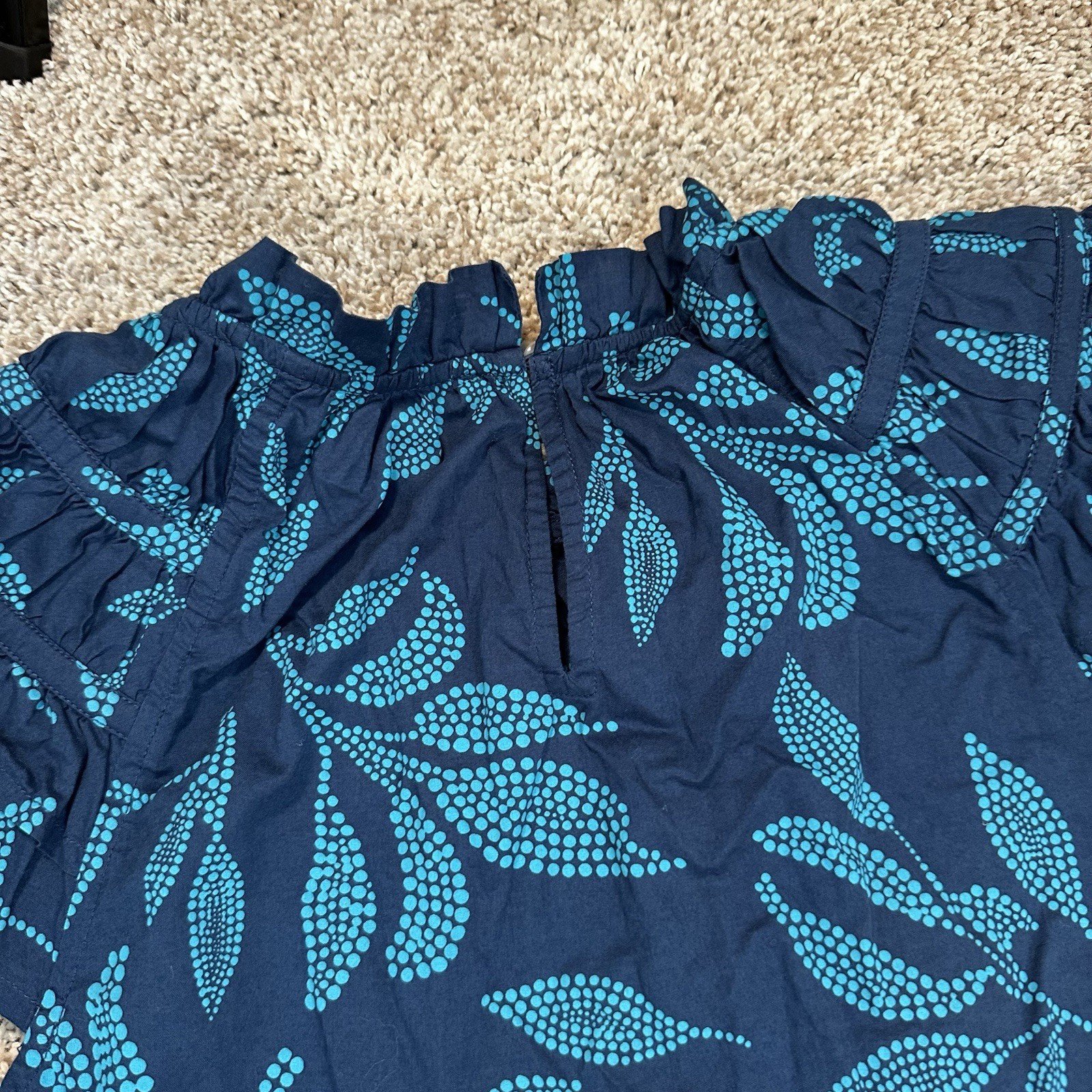 J.Crew Ruffle Neck Floral Leaf Print Blouse Top Womens Small Blue Cotton