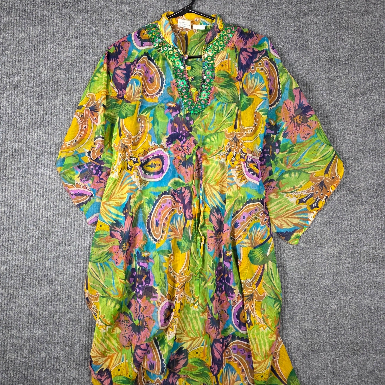 Pearl Tropical Kaftan Tunic Embellished Neck One Size Boho Resort