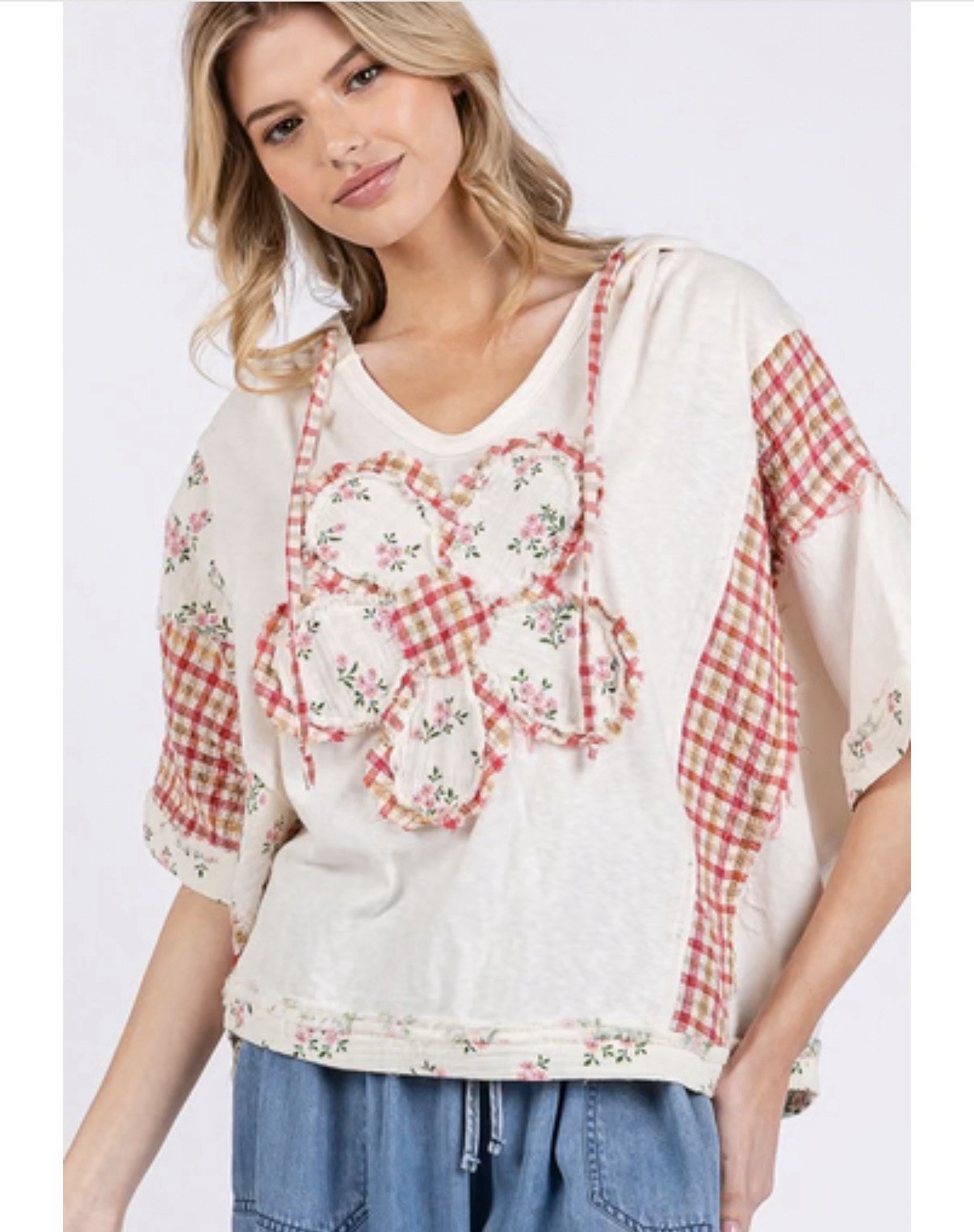 Sage+Fig Mix n Match Hooded Top with Daisy Patch Front in Cream
