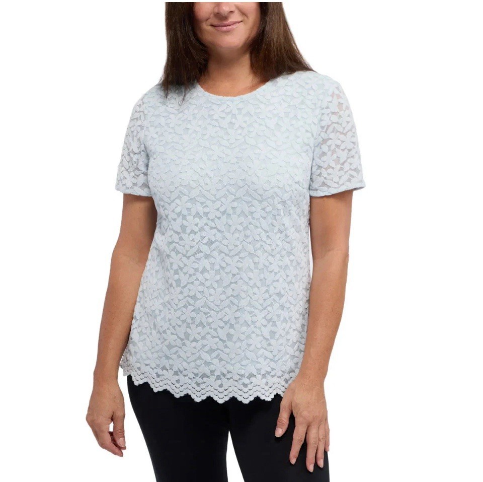 Teddi Rose Lace Overlay Short Sleeve Top, Women’s, Size S, Color Light Blue..
