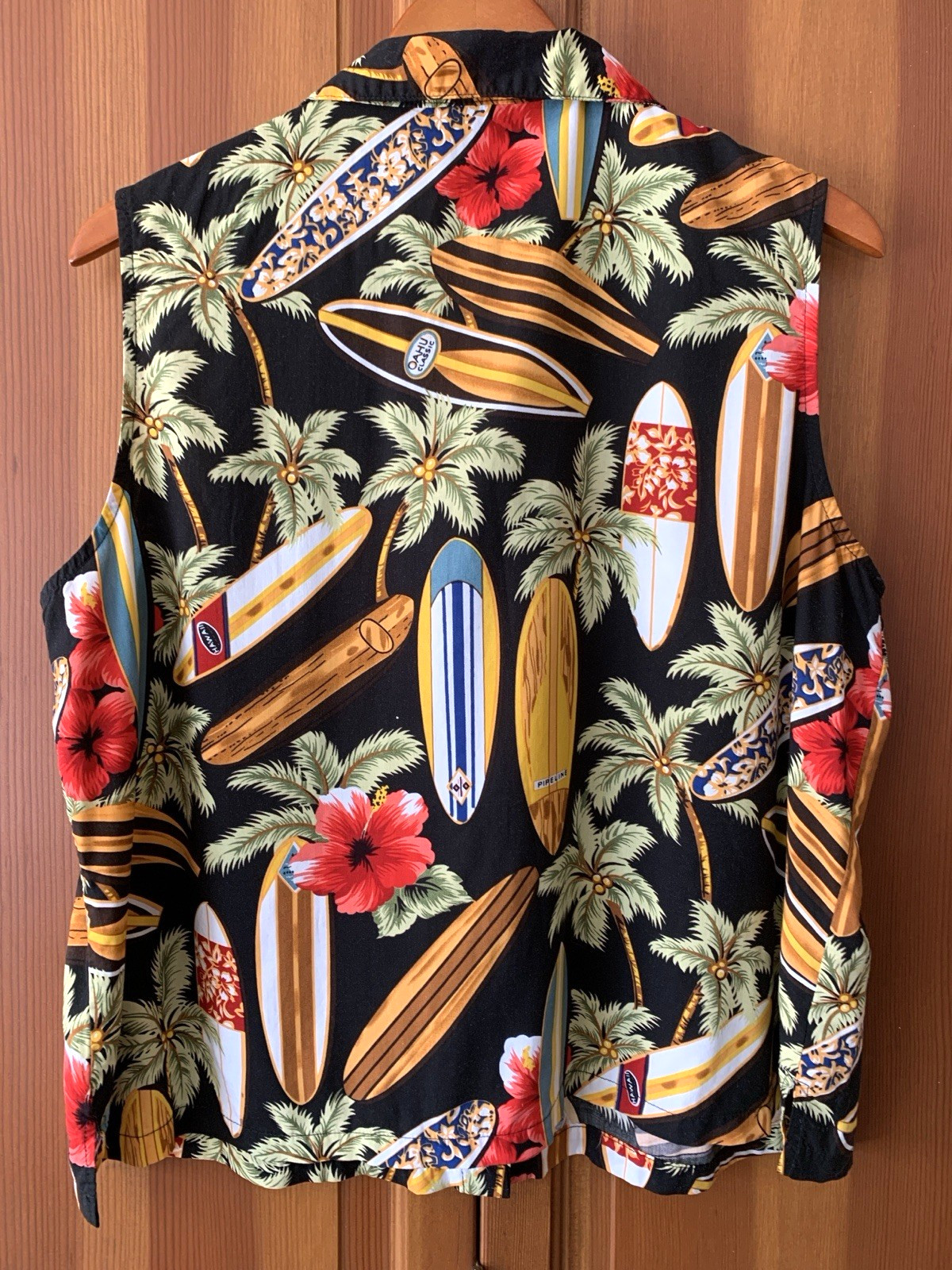 Hilo Hattie Hawaiian Top Women XL Surfboard Hibiscus Palm Coconut Button VINTAGE