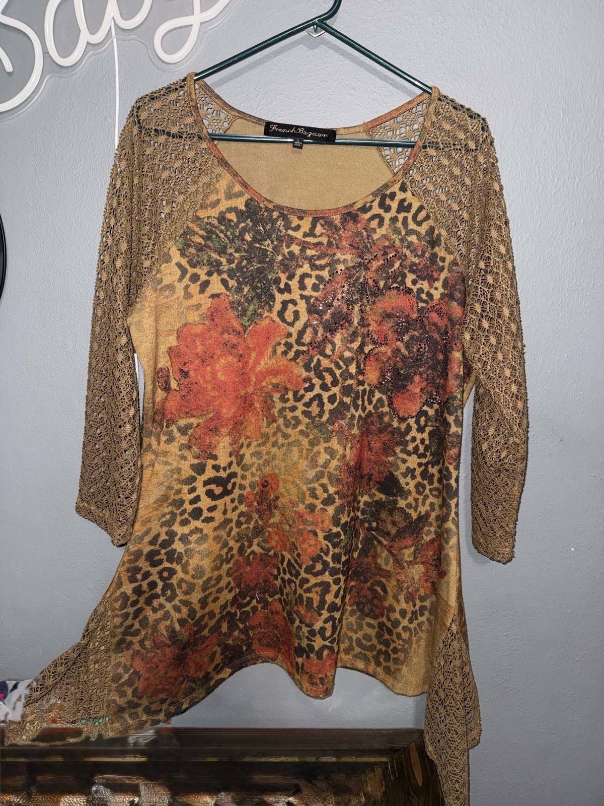 Simon Chang XL Brown Orange Leopard Scoop Neck 3/4 Sleeve Knit Stretch Tunic