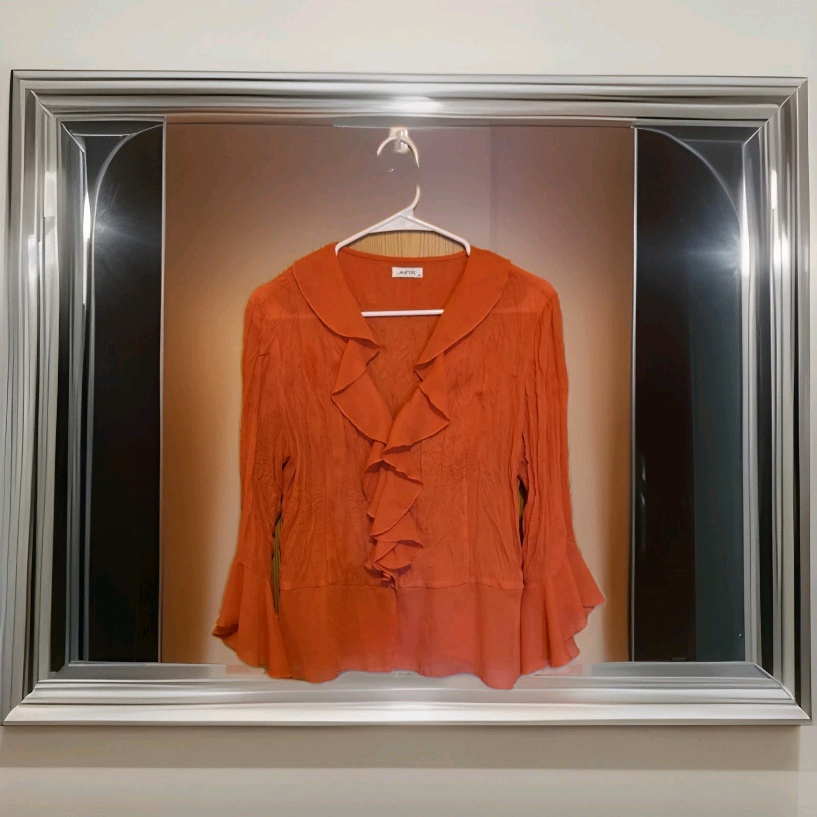 Jaipur Orange Textured Ruffle Sheer Blouse Medium Button Up Flared Sleeve