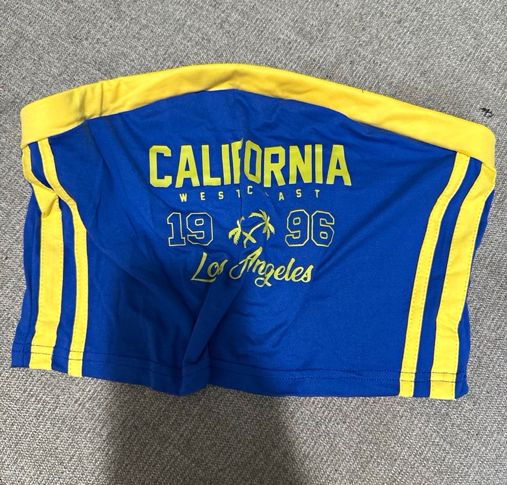 Women’s S Blue Yellow Strapless Tube Top Graphic California West Coast 1996 LA