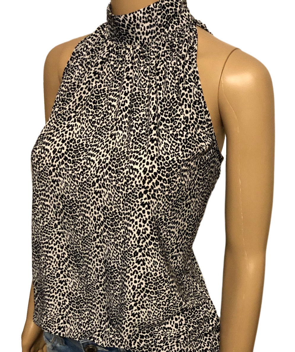 MILANO Sassy Animal Print High Neck Slinky Blouse Sz L Sleeveless