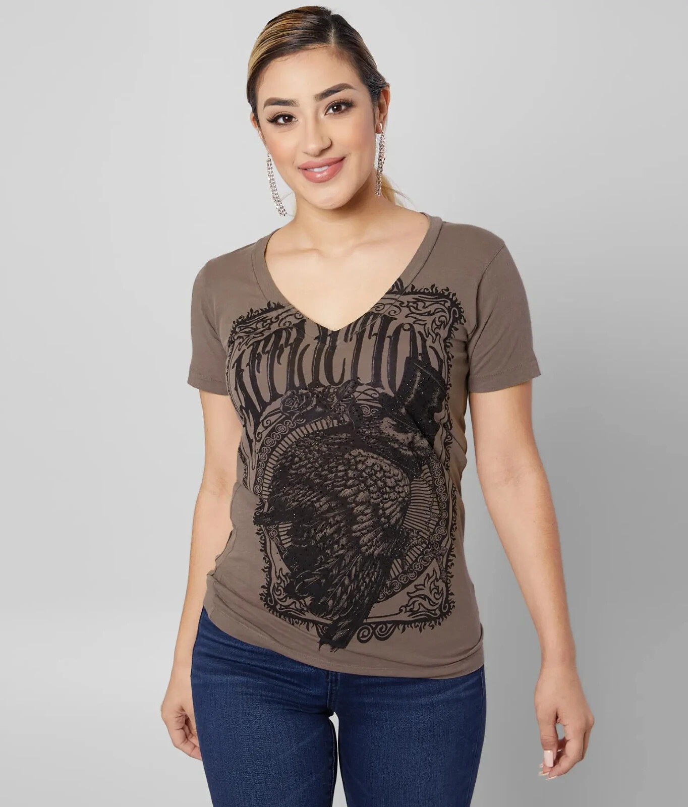 Womens Affliction Whispering Wind Zip Up Back Owl Top T-Shirt Black Stones XS-XL